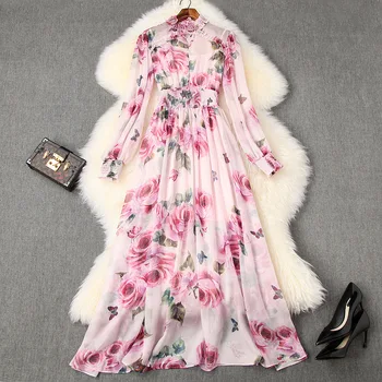

Spring 2020 for European and American women's wear Long sleeved nail and drill stand collar Rose printed Fashion pink dress