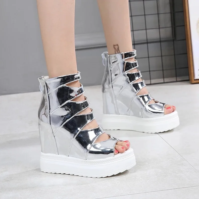 

Platform Hollow out Hight-top Rome Sandal Boots Elevator Bright Skin Wedge Sandal Women's after Zipper Fish Mouth WOMEN'S Shoes