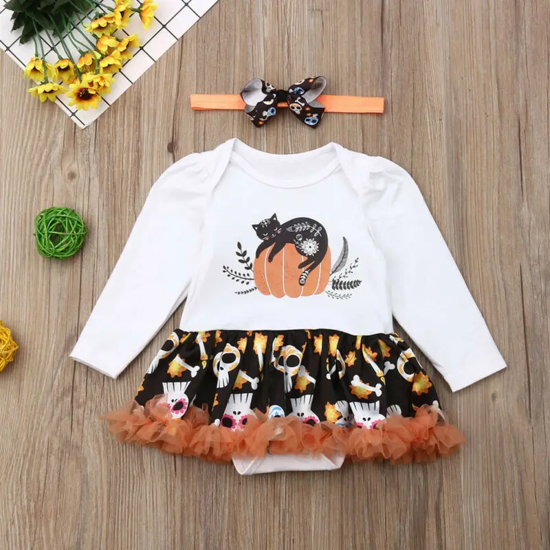 

2019 Newborn Infant Baby Kids Girls Halloween Costume Autumn Long Sleeve White Rompers Tutu Dress Headband Outfits