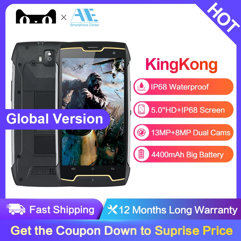 

Cubot Kingkong IP68 Waterproof MT6580 Quad Core 5.0 inch Cell phone 2G RAM 16G ROM Smartphone Android 7.0 4400mAh Mobile Phone