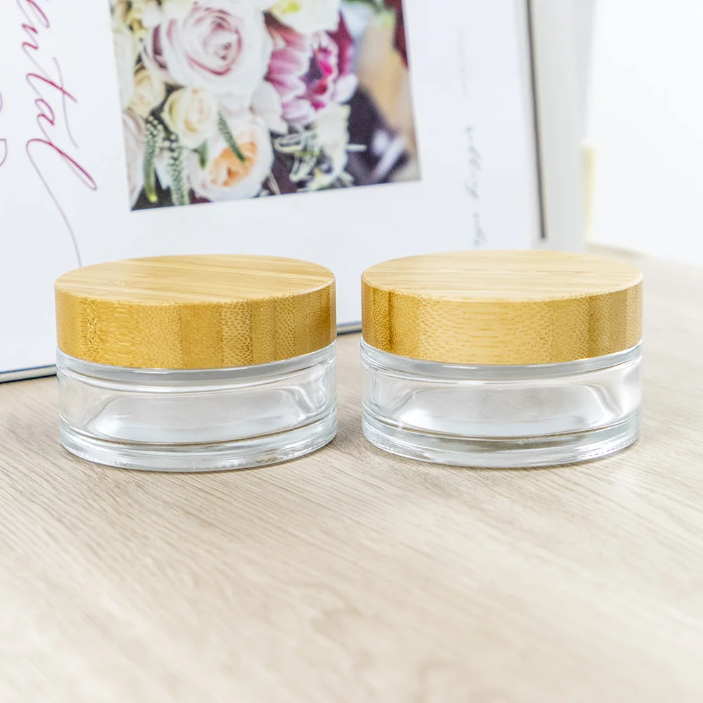 

100ml Clear Vitreous Bamboo Wood Solid Lid Reusable Eye Cream Glass Bottle 6Pcs Face Essence Products Jewelry Display Vials