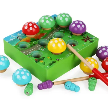 

Baby Wooden Montessori Toys Magnetic Fishing Toys Mushroom Forest Catch Worm Game Educational Puzzle Toys For Children Girl Gift