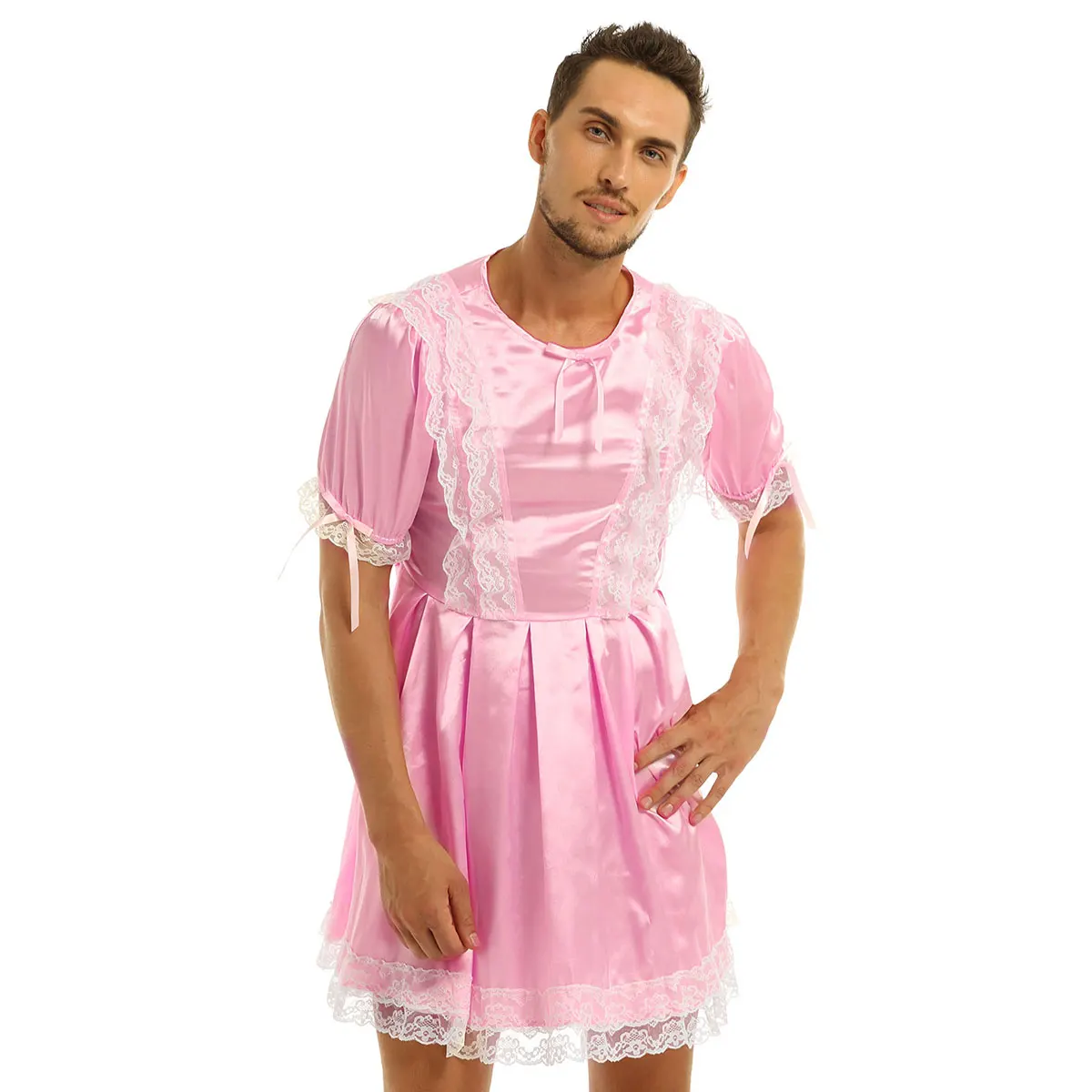 Мужское платье для трансвеститов, атласное платье с круглым вырезом и короткими рукавами-фонариками, кружевное платье для малышей, экзотическое нижнее белье, костюм