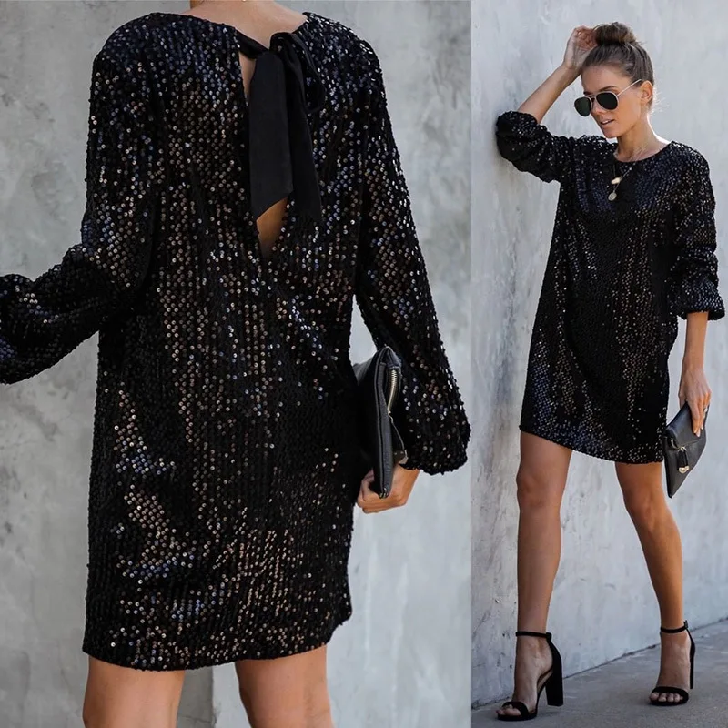 

Women Dress 2020 Shiny Fringed Bright Chic Lady Black Streetwear Sexy Mini Club Party Dress Long Sleeve Elegant Glitter Dress