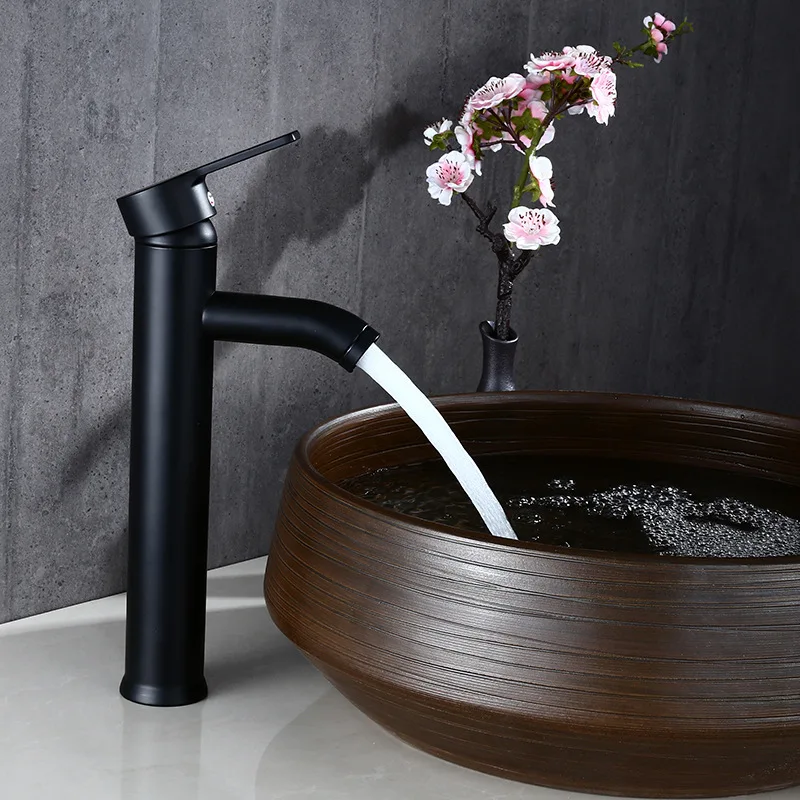 Крашеный кран из нержавеющей стали кран для ванной раковины Черный смеситель для горячей и холодной воды одно отверстие - Цвет: black tall