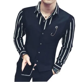 

Striped Shirt Men Long Sleeve Fake 2 Piece Shirt 2017 New Autumn Winter 4xl 5xl Slim Fit Black White Stripe Men Dress Shirt