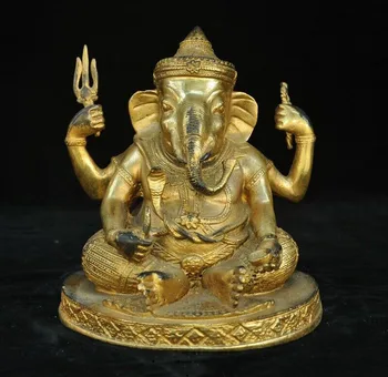 

wedding decoration 7"Tibetan Buddhism Bronze 24k gold Gilt 4 arms Elephant Jambhala Mammon statue