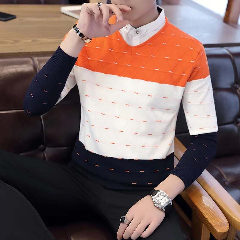 

Men Sweater Casual Pullovers New Fashion Sweaters Men Long Sleeves Green Orange Wine Red Grey Turn-down Collar Daily Sweater