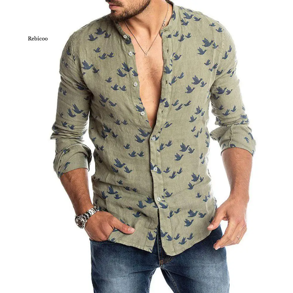 

Мужская Повседневная рубашка с принтом на пуговицах, льняная приталенная рубашка с длинным рукавом, весна-осень