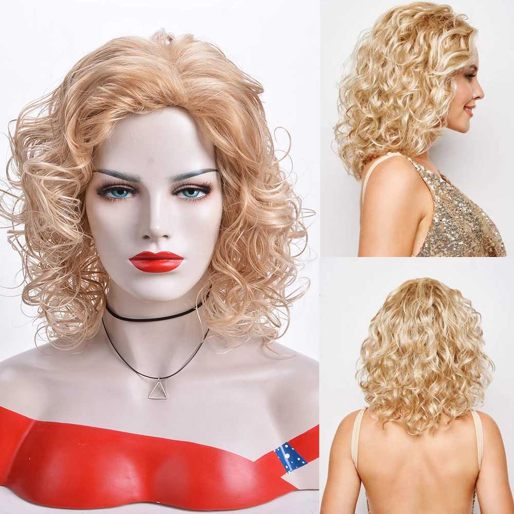 

Blonde Curly Wig With Brown Heat Resistant Golden Synthetic Wigs For White Women Wavy Hair