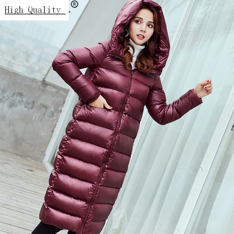 

Women's Down Jacket X-Long Winter Coat Female Korean Casual Thick Bright Duck Down Jacket Women Hooded Warm Outwear 1601