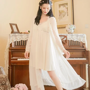 

2 Pcs Victorian Style Sleepwear Sexy Embroidery V-neck Nightgowns Robes Set Ladies Vintage Palace Lolita Nightdress Bathrobe