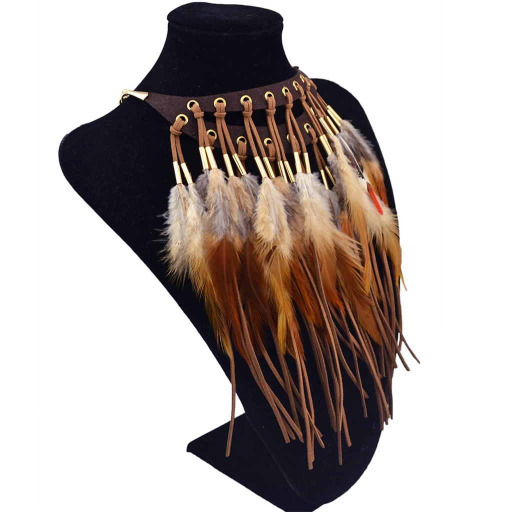 Fashion Tassel Faux Feather Necklace Pendant Statement Bib Choker Jewelry