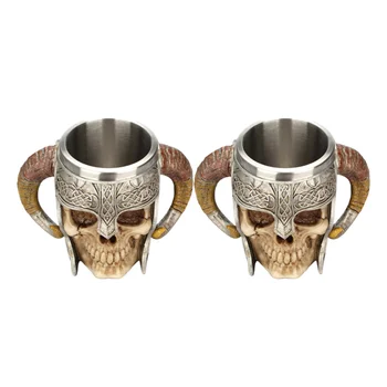 

2pcs Skull Mug Double Handle 3D Skull Tankard for Horror Decor Party