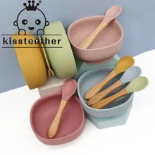 Kissteether Juego de cuencos y cucharas de silicona para bebé, vajilla de aprendizaje, tazón de succión, producto para bebé sin BPA