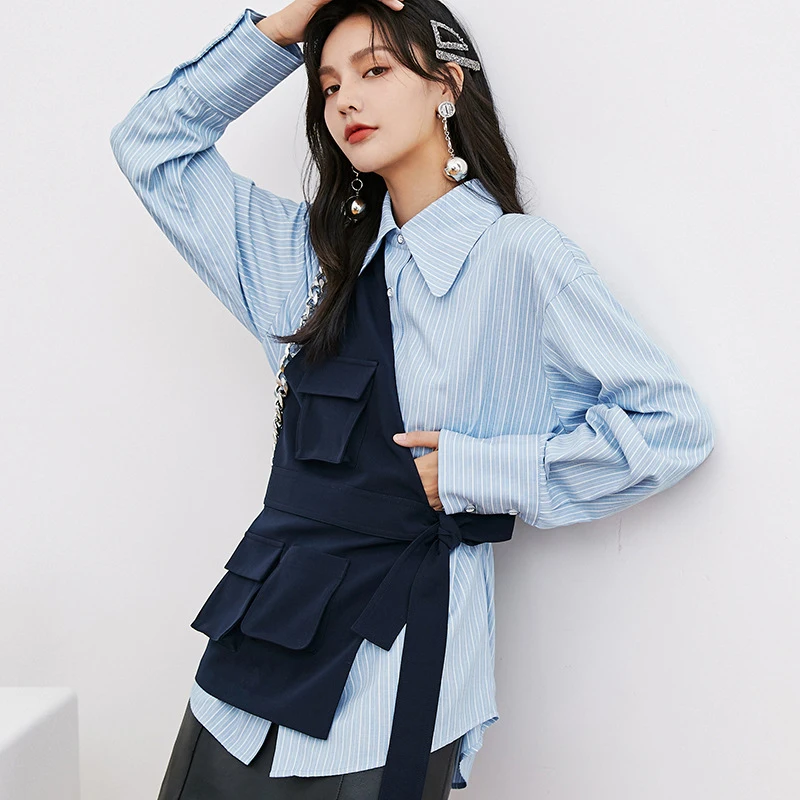 [EAM] Women Blue Striped Irregular Big Size Blouse