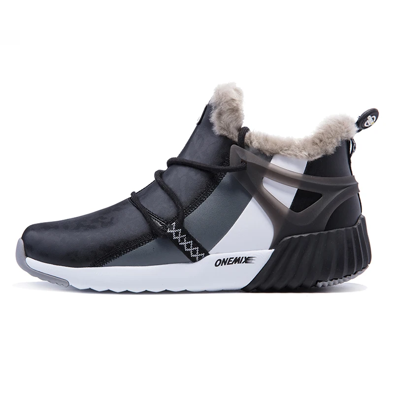 Black White Gray ONEMIX High Top Sneakers For Men New Fashion Winter Warm Wool Ankle Boots Couple Hiking Flats Shoes Outdoor Trekking Snow Boots - Цвет: Black White Gray
