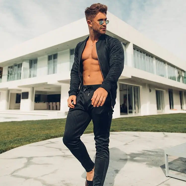 

New Style Muscle Brother Fitness Autumn And Winter Men Stripes Sports Set Casual Sweatshirt Fitness Elasticity Running Pants