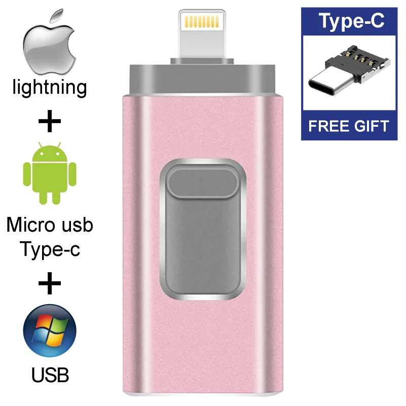 Бесплатный Тип C адаптер USB флэш-накопитель 64 ГБ для iPhone X 8 7 6 6s 32 Гб 16 Гб 8 Гб OTG USB флешка для iOS USB флэш-накопитель 128G - Цвет: pink  Type-C