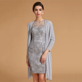 

Mother of the Bride Dresses Elegant Gray Lace Long Sleeves 2020 Pantsuit 2 Pieces Plus Size Wedding Party Guest Gown