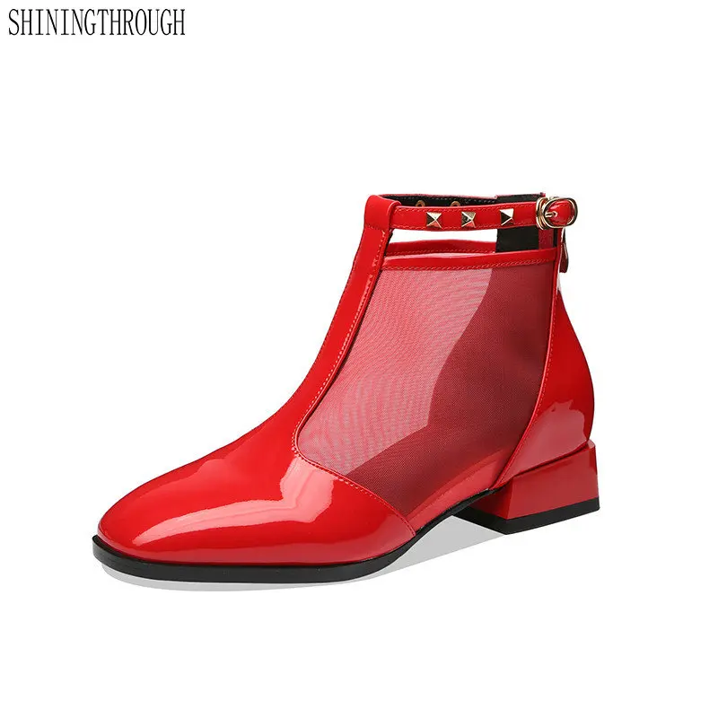 

Women Summer Boots Genuine Leather Low Heels Platform Shoes Woman Mesh Surface Breathable Zipper Ankle Boots