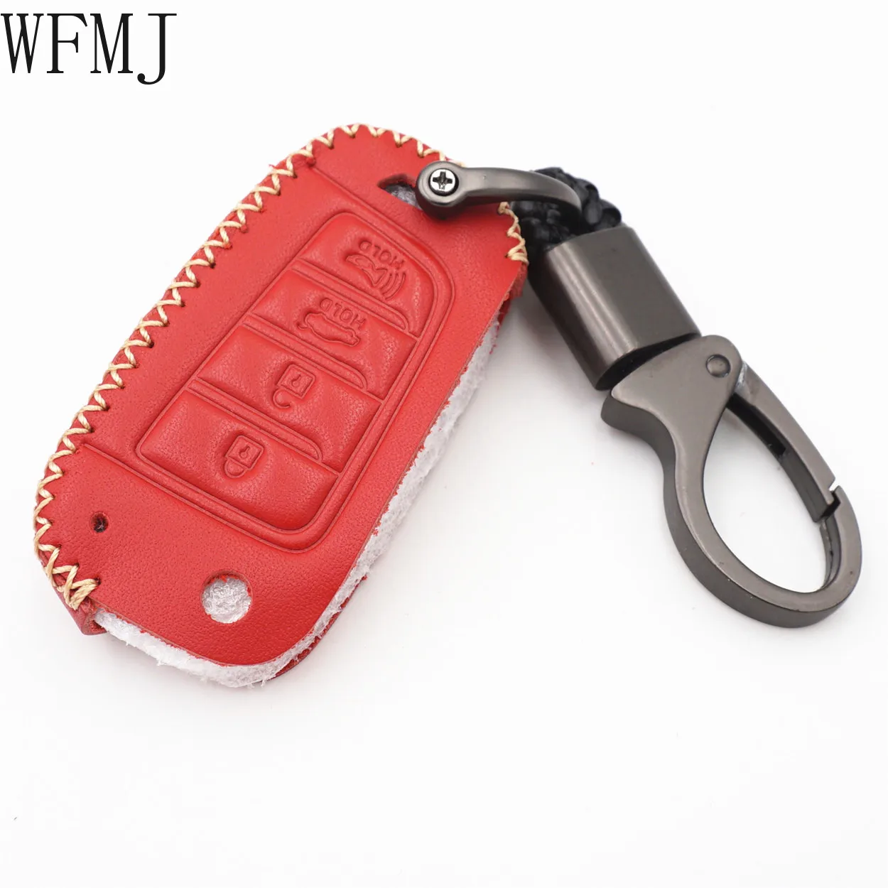

WFMJ Red Leather for Hyundai Kona 2018 2019 2020 2021 4 Buttons Flip Smart Key Fob Case Cover Chain