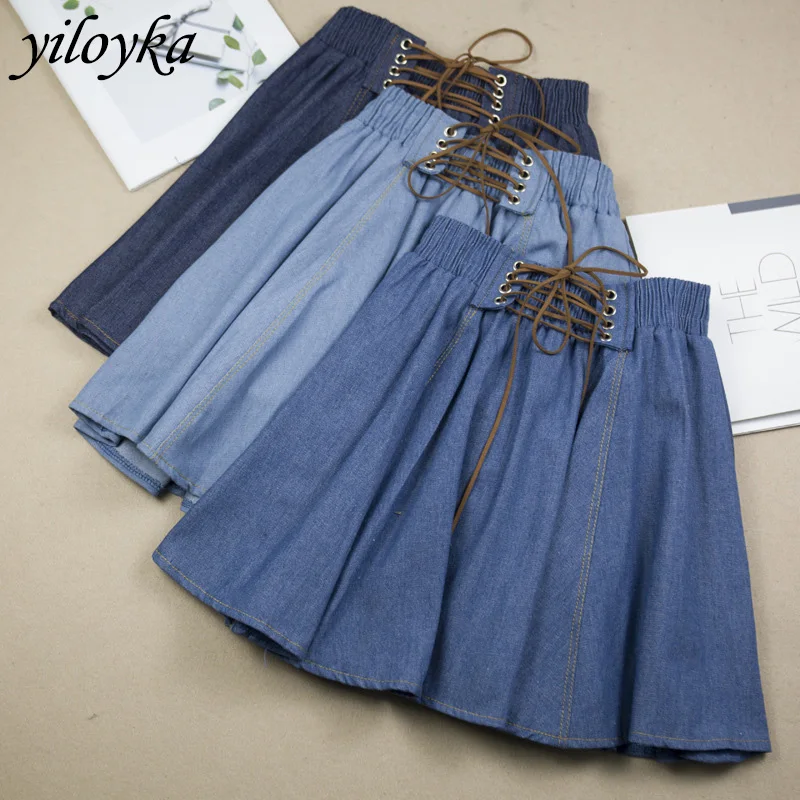 Юбка женская джинсовая двухслойная модная короткая юбка с завязкой на талии