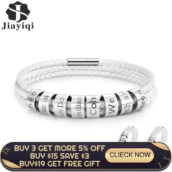 

Custom Bracelet Man Engraved Family Name Stainless Steel Bead Personalized ID Bracelet For Men Charm Leather Bangles Jewelry