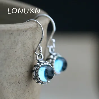 

blue crystal geometric simple 925 Sterling Silver Natural Topaz Gemstone Drop Earrings Handmade Jewelry Women Vintage Earring