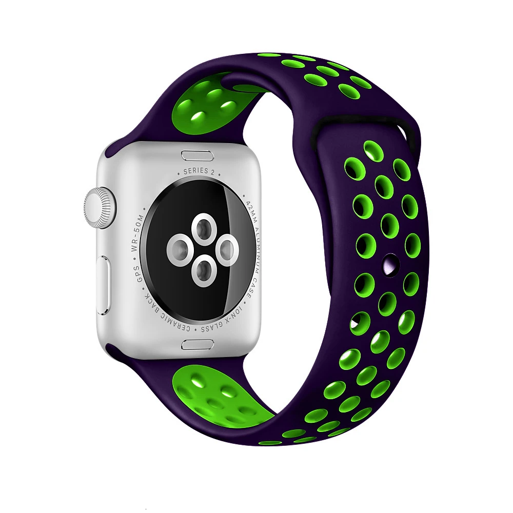 Purple Green Мягкий силиконовый браслет для Apple Watch 42 мм ремешок 44 мм дышащий iwatch серия 5 4 3 2 1 Замена 42 мм ремешок для часов 38 мм ремешок - Цвет ремешка: Purple Green