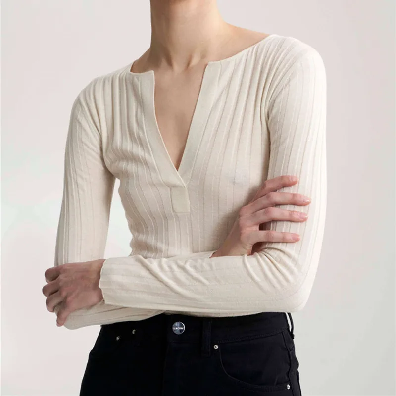 

New Autumn Deep V Women's knitwear Slim Threaded sweater top Wool ladies office Bottoming pullover