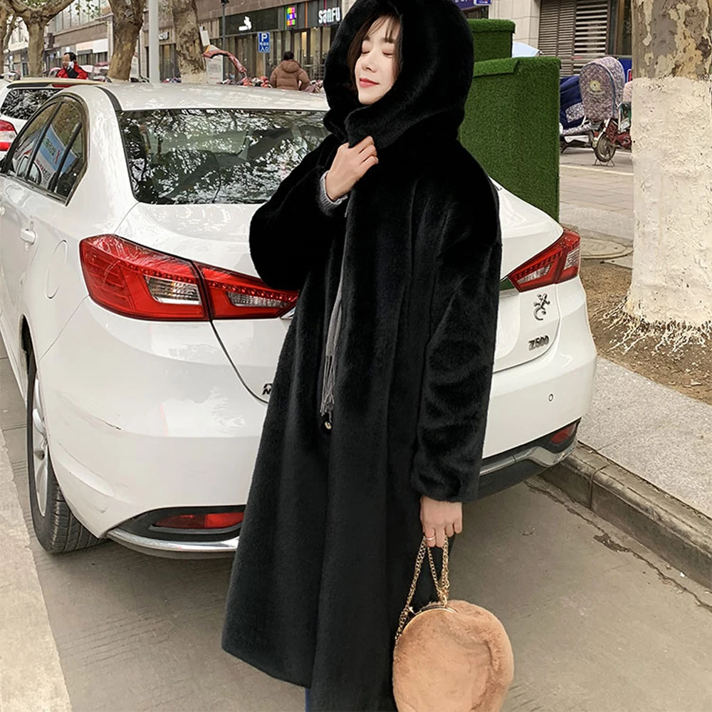 Зимняя мода с капюшоном, Новое высококачественное пальто из искусственного меха, длинное меховое пальто, женское свободное толстое теплое меховое пальто