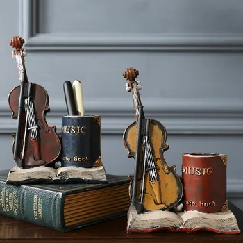 

Retro violin creative pen holder office desk decorations ornaments brush pot multifunction Storage box Pen container organizer