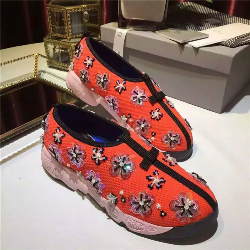 

Womens Round Toe Mesh Bowtie Flowers Sequins Sneakers Slip On Loafer Beads Casual Shoes Korean Style Luxury New 4Colors C666