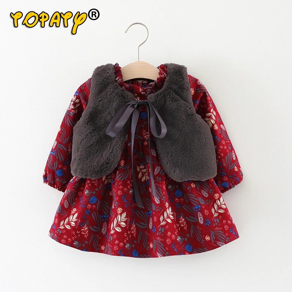 

Newborn Autumn Winter New Baby Clothes Girls Thickened Plus Velvet Base dress + Wool Shawl two-piece suit For Children Clothes