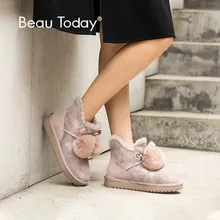 BeauToday Snow Boots Women Cow Suede Leather Round Toe Rabbit Hair Ball Decoration Ladies Winter Wool Ankle Boots Handmade 08018
