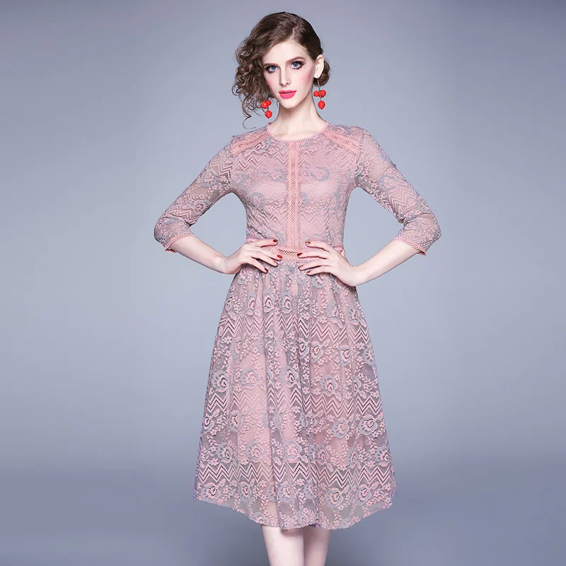 Новое Осеннее элегантное женское розовое кружевное платье Vestidos повседневное Mujer пляжное платье для вечеринок подиума Roupas Femininas K6268