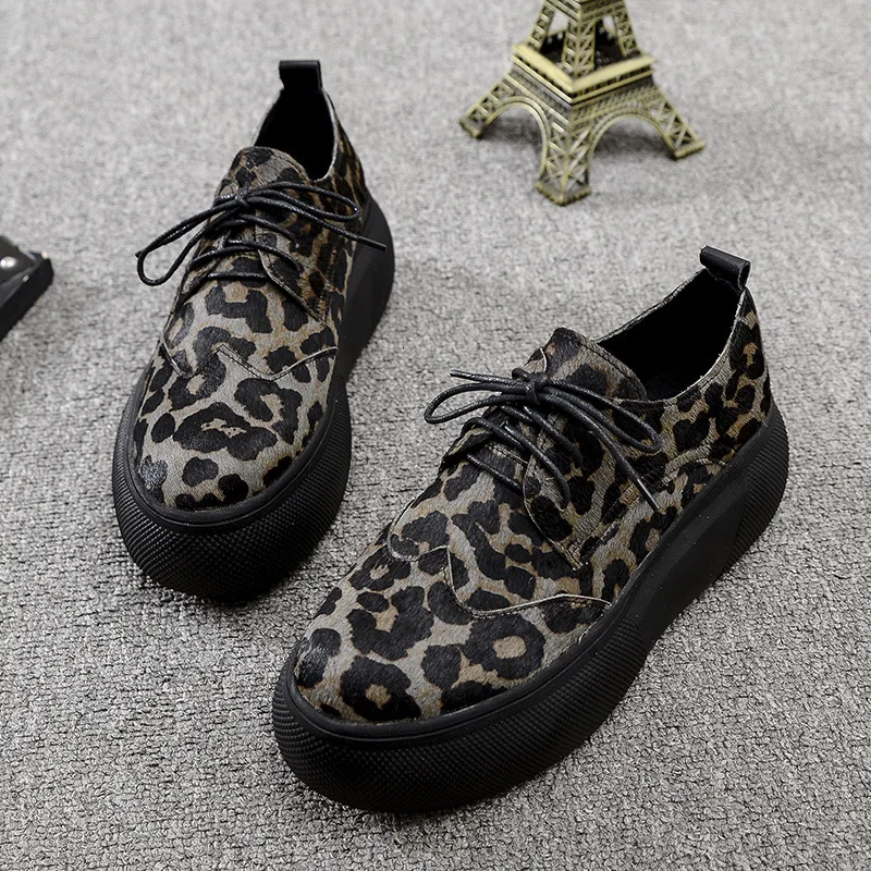 [DEAT] Round Toe Bandage Horsehair Casual Leopard Print Single Shoes Wedges Heels Shoes Women New Spring Autumn Tide 10D899
