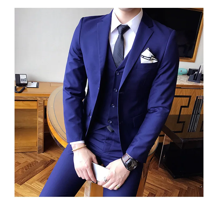Сплошной цвет slim fit мужской костюм из 3 предметов свадебное платье мужской повседневный деловой пиджак Свадебный Выпускной костюм жениха одежда смокинг