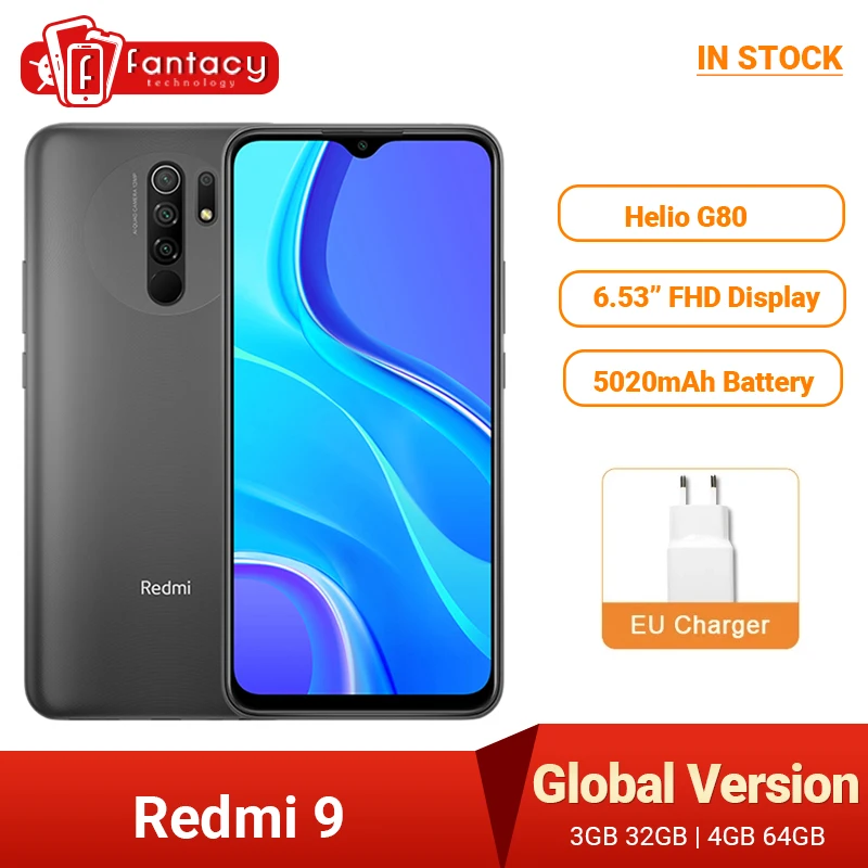 Global Version Xiaomi Redmi 9 Mobile Phones Helio G80 32GB 64GB 6.53” FHD+ Screen 13MP AI Quad Cams Smartphone 5020mAh