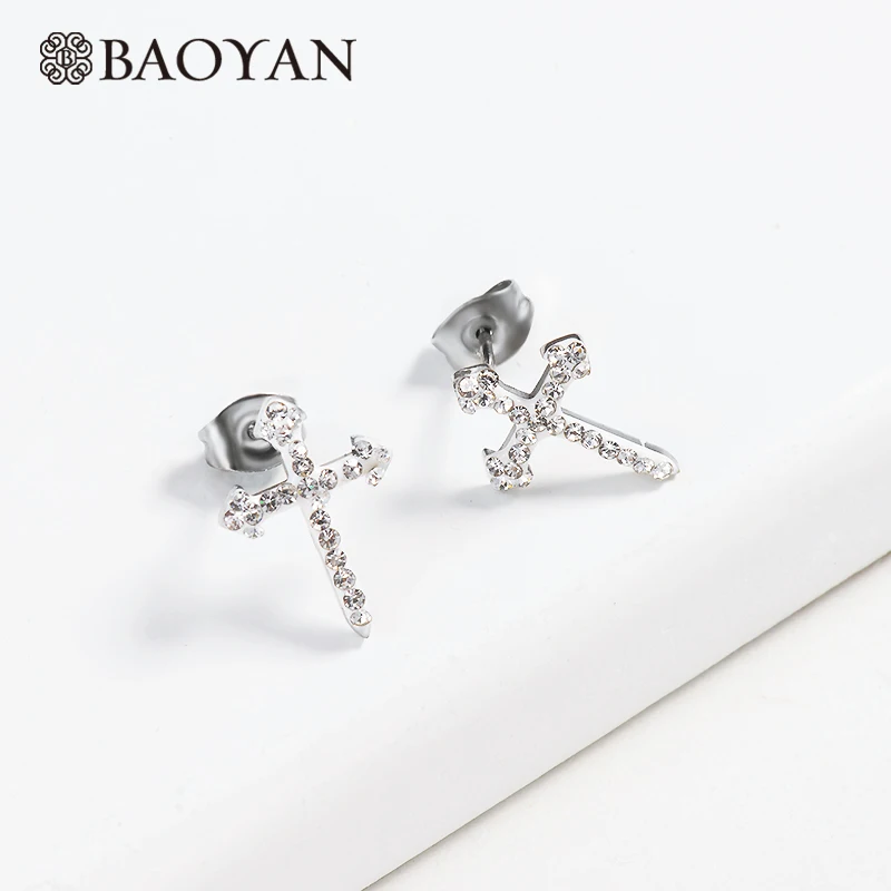 Baoyan, маленький крест, серьги-гвоздики,, винтажные стразы, серьги с крестом, розовое золото/серебро/золото, серьги из нержавеющей стали для женщин - Окраска металла: Silver
