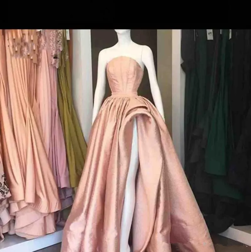 

real pictures Ruffles High Split Prom Dresses Sexy Strapless Satin A Line Evening Gowns Floor Length Formal Party Gowns 2020