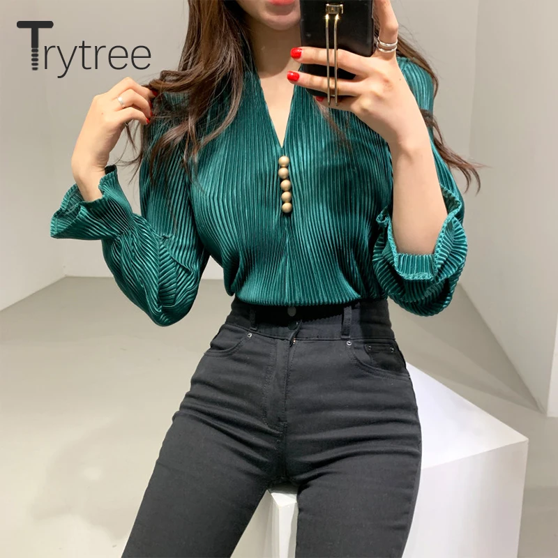 Весенняя женская блузка Trytree 2020 Повседневная Блузка с V образным вырезом и