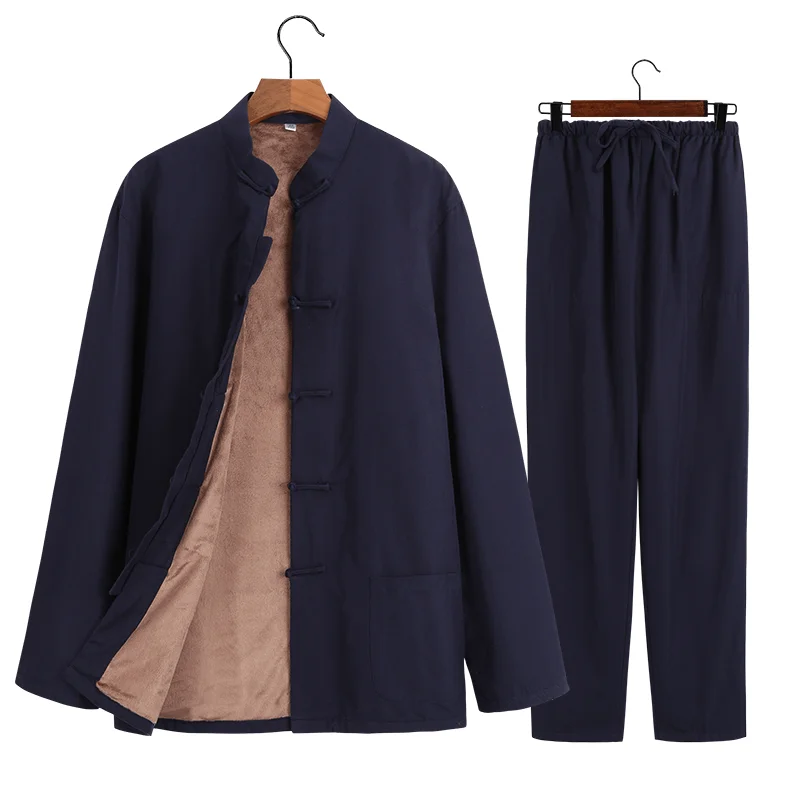 Chinese tunic suit New Year man Tang costume Han clothing men's linen warm cotton coats plus velvet thick casual two-piece suit
