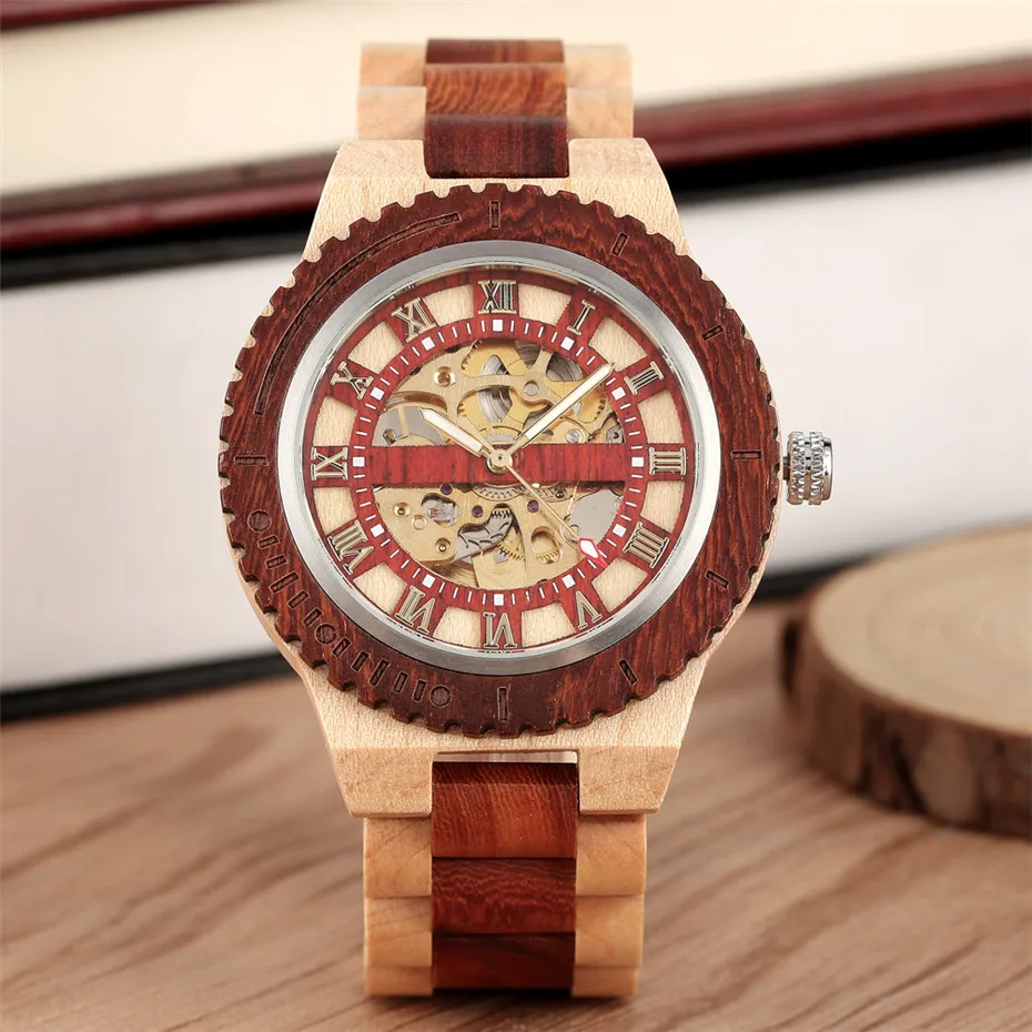 

Self-Winding Mechanical Wood Watch Men Roman Numerals Golden Skeleton Display Men's Watches Folding Clasp Bangle Timepiece