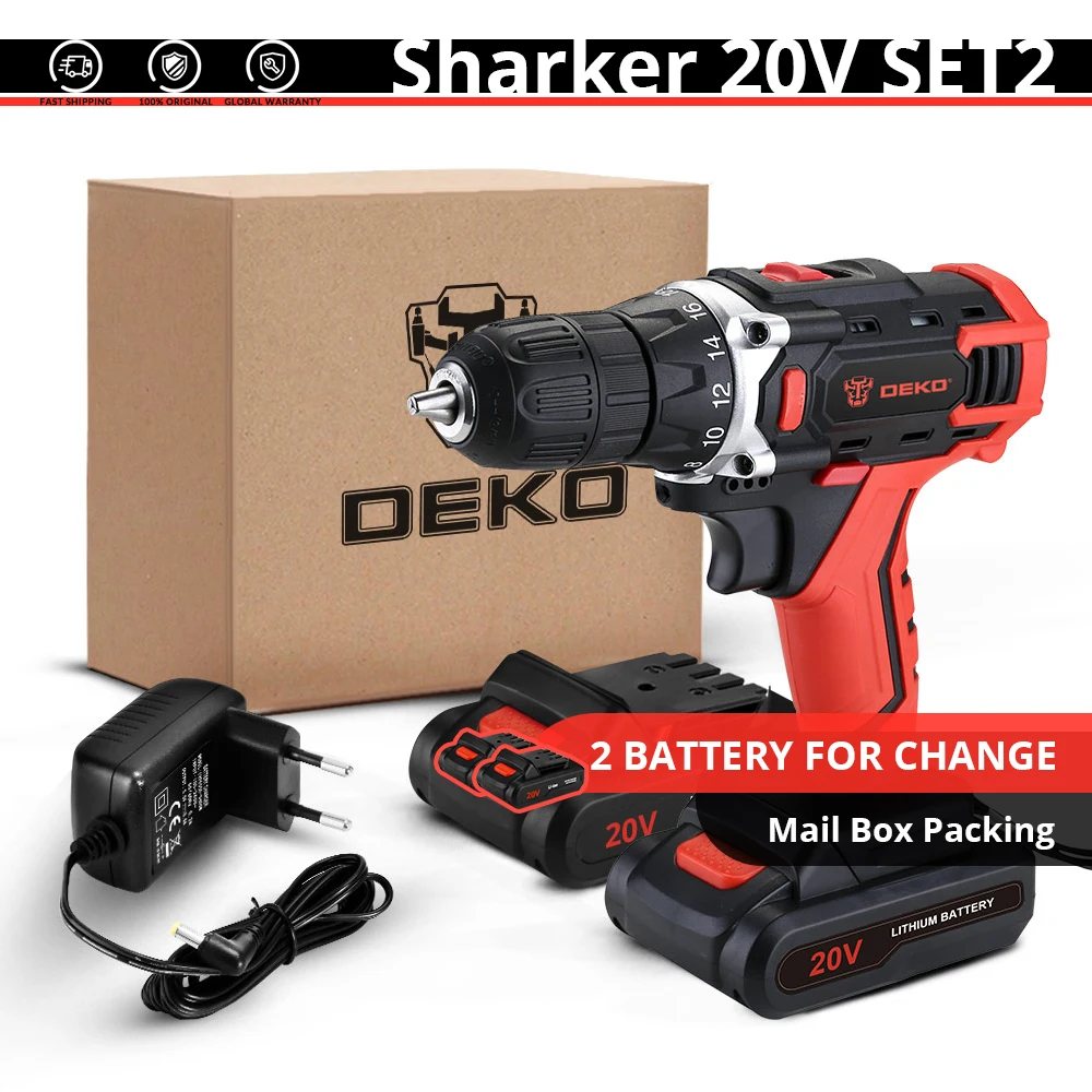 DEKO New Sharker 20 в Беспроводная сверлильная электрическая отвертка мини беспроводной драйвер питания литий-ионный аккумулятор постоянного тока 3/8 дюйма 2 скорости - Цвет: Sharker 20V SET2