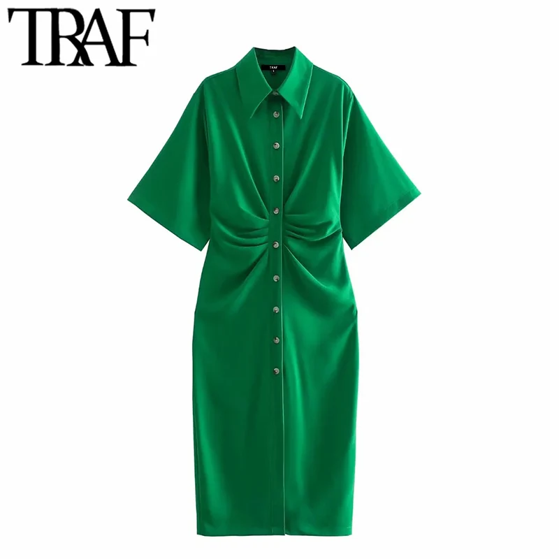 TRAF Women Chic Fashion Button-up Draped Midi Shirt Dress Vintage Short Sleeve Side Zipper Female Dresses Vestidos 3