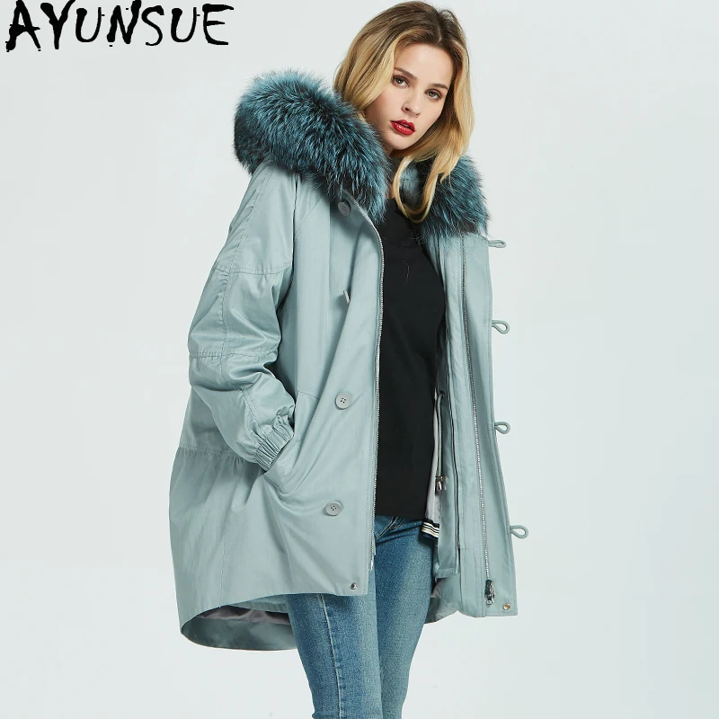 

AYUNSUE Women's Fur Coat Female Rabbit Fur Liner Parka Winter Jacket Women Raccoon Fur Collar Pink Jackets Warm Outwear MY4191