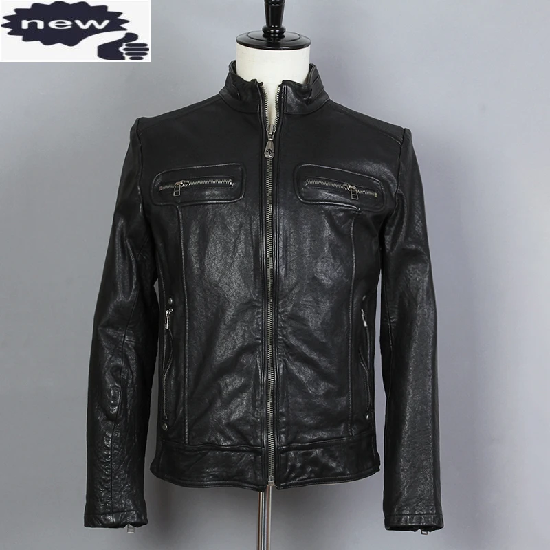 

2021 Fashion Men's Genuine Jacket Vegetable Tanned Sheepskin Leather Coat Casual Simple Collar Locomotive Clothing Male