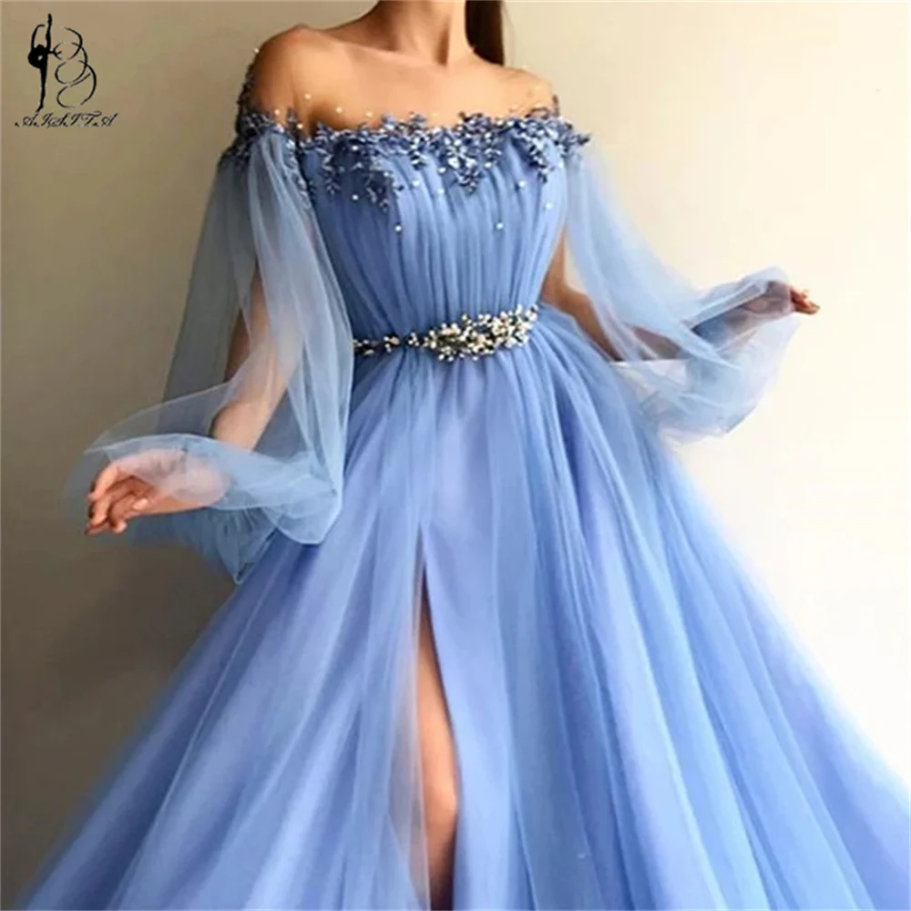 white evening gowns Sexy Slit Chiffon Long Evening Dresses 2022 Women Formal Gowns Lantern Sleeves Prom Gowns For Party Flowers Vestidos De Fiesta plus size formal wear